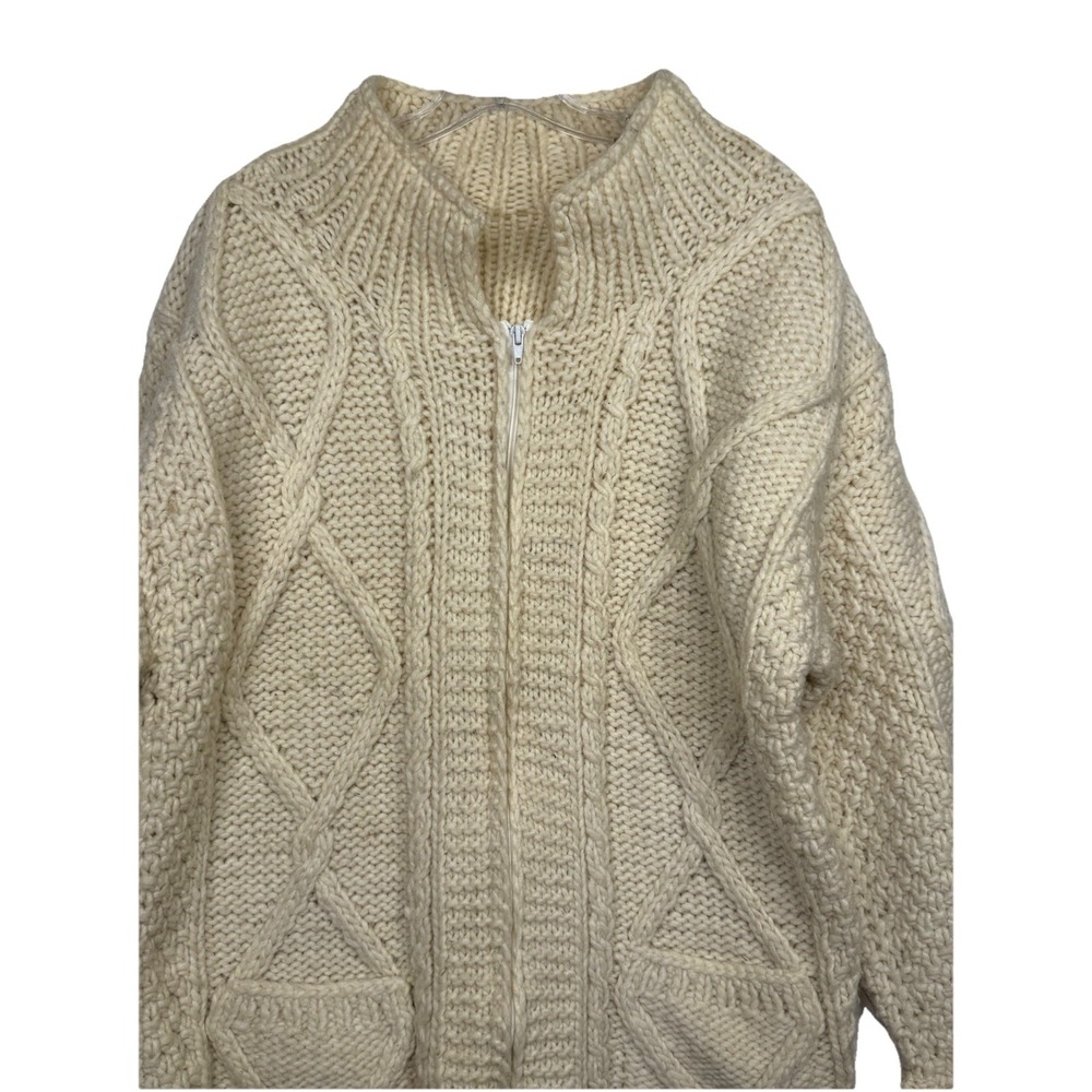 Vintage‎ Hand Knit Chunky Wool Cream Full Zip Sweater Cardigan Cable Womens L/XL - Picture 2 of 9